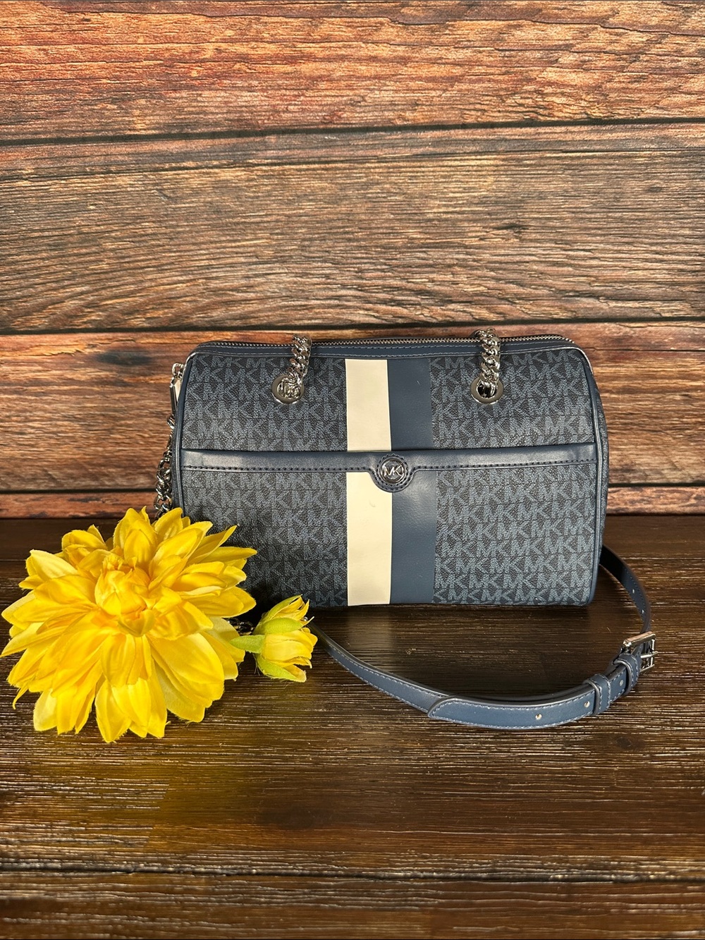 Michael Kors Navy and Cream Signature Stripe Crossbody